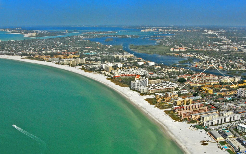 Midnight Cove in Siesta Key Gulfside and Bayside Aerial